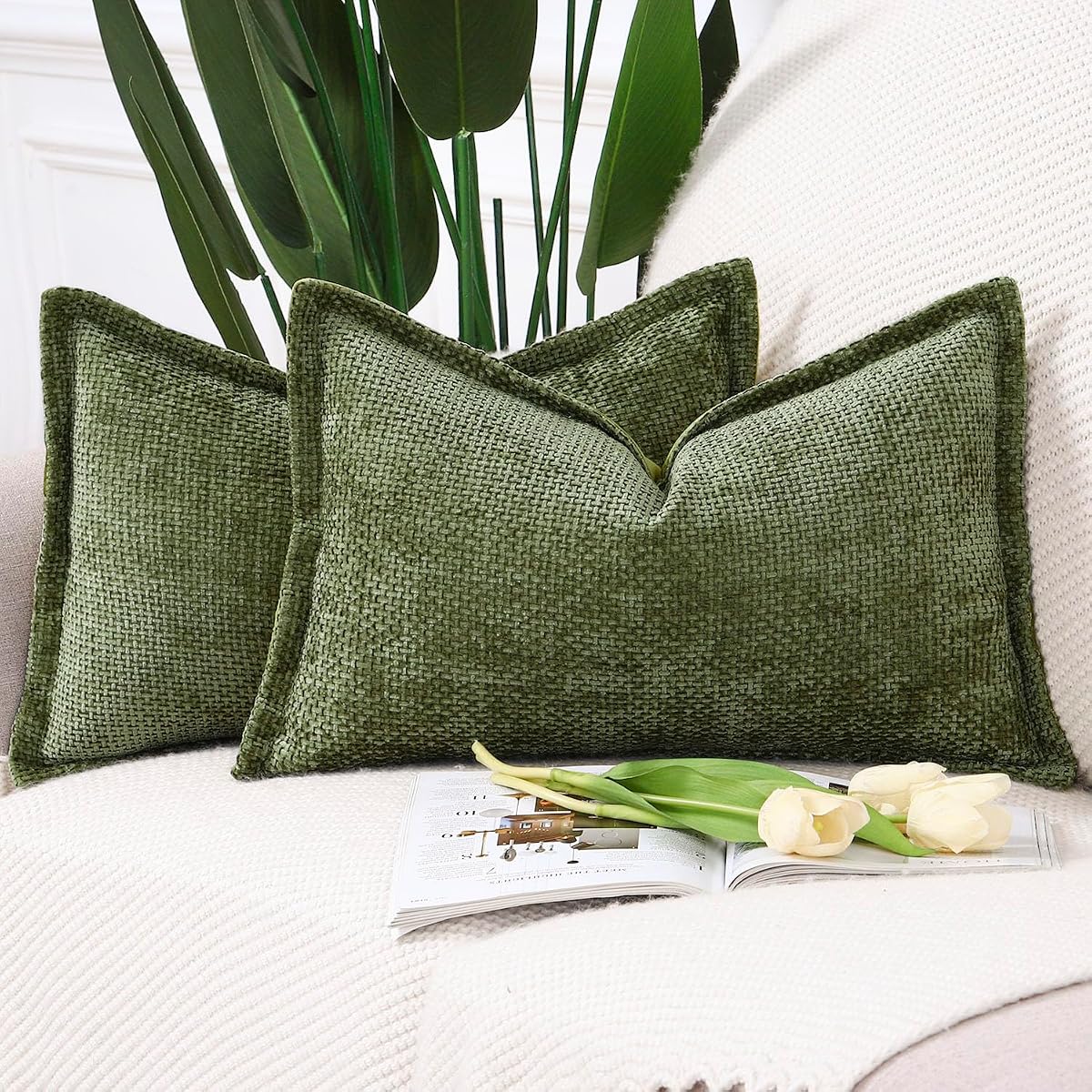 Decorative Chenille Velvet Throw Pillow Covers Set of 2 Soft Boho Textured Neutral Couch Throw Pillow for Bed Modern Farmhouse Home Decor for Sofa Livingroom Moss Green 12x20 Inch