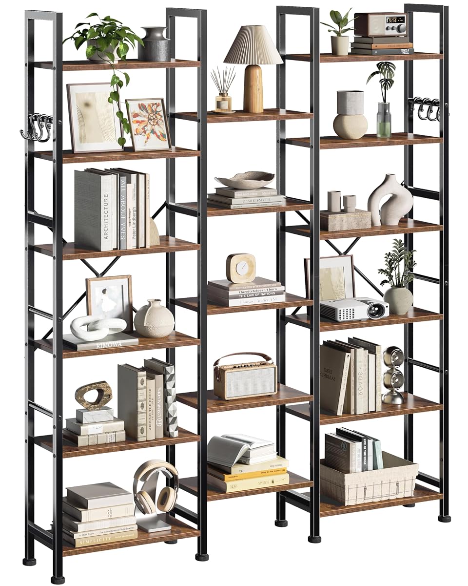 Triple Column Rustic Bookshelf with Hooks and Shelves