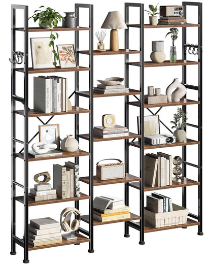 Triple Column Rustic Bookshelf with Hooks and Shelves