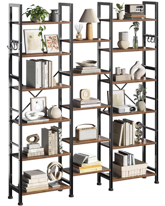 Triple Column Rustic Bookshelf with Hooks and Shelves