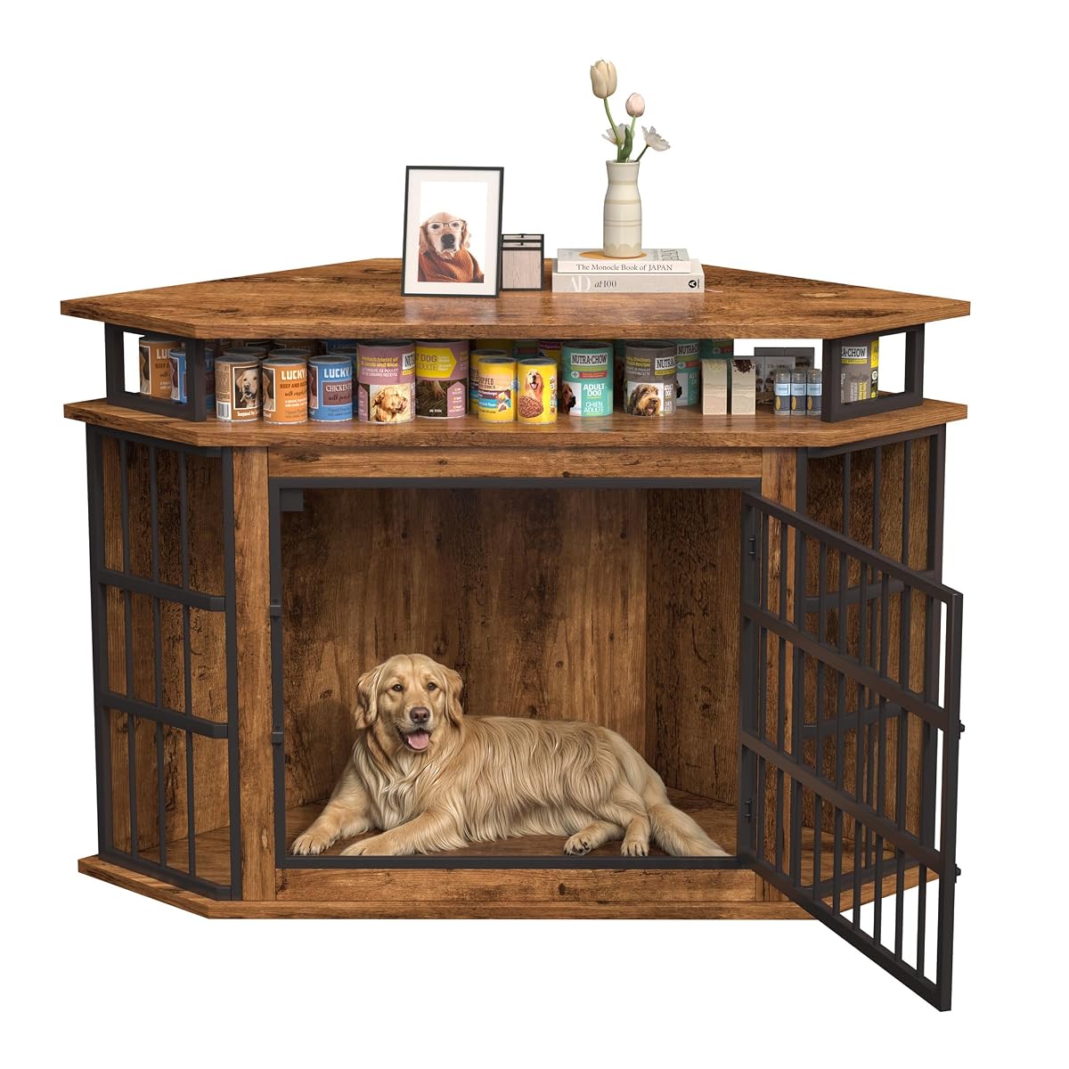 51" Corner Dog Crate Furniture Large Wooden Dog Kennel Indoor Dog House