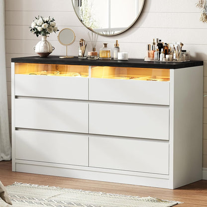 White 6 Drawer Dresser for Bedroom with LED Light & Deep Drawers