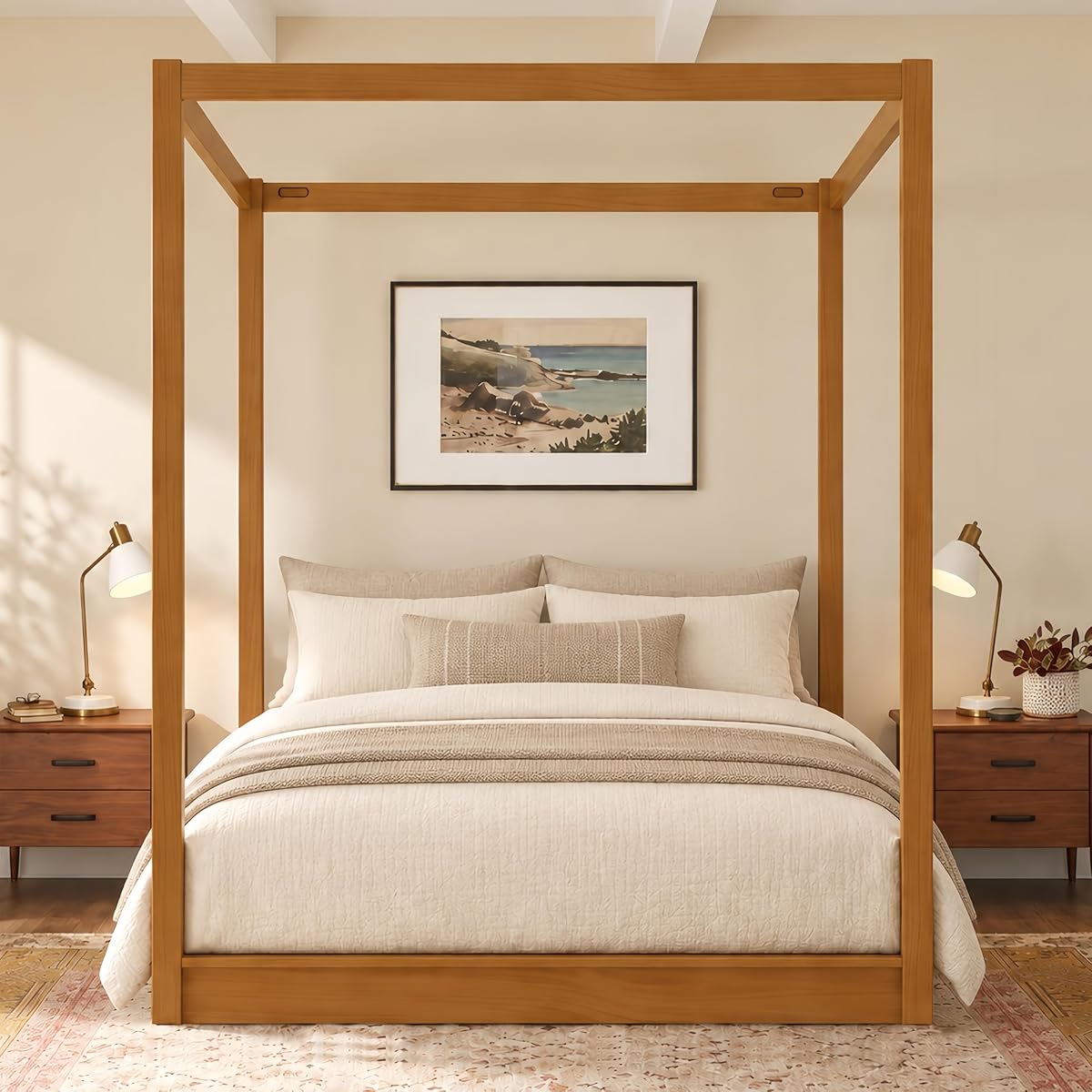 Queen Canopy Bed Frame, Modern Four Poster Platform Bed