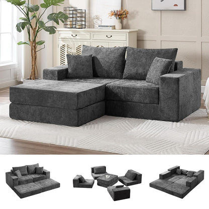 79" Boneless Cloud Loveseat Sofa Couch, Modular Foldable Floor Sofa with Ottoman, Chenille Lounge Convertible Sofa Bed for Living Room, No Assembly, Dark Grey