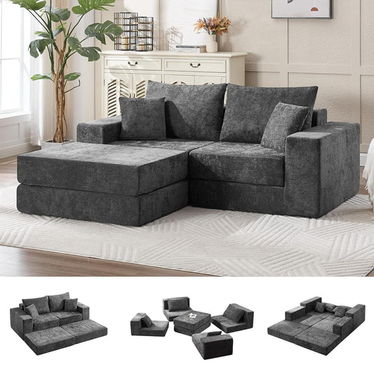 79" Boneless Cloud Loveseat Sofa Couch, Modular Foldable Floor Sofa with Ottoman, Chenille Lounge Convertible Sofa Bed for Living Room, No Assembly, Dark Grey