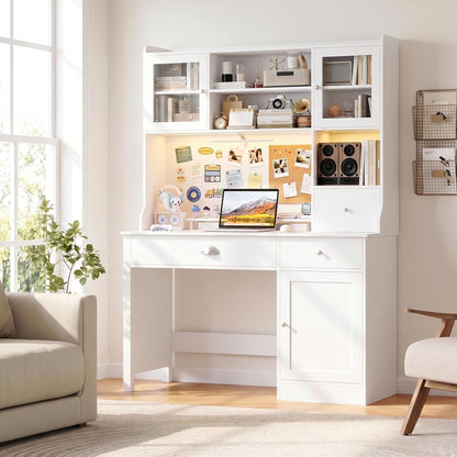 Computer Desk with Hutch and RGB, Office Desk with Power Outlet