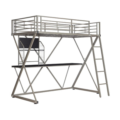 Powell Furniture Z-Bedroom Metal Pewter Powder Coated Twin Size Loft Study Bunk Bed with Computer Desk