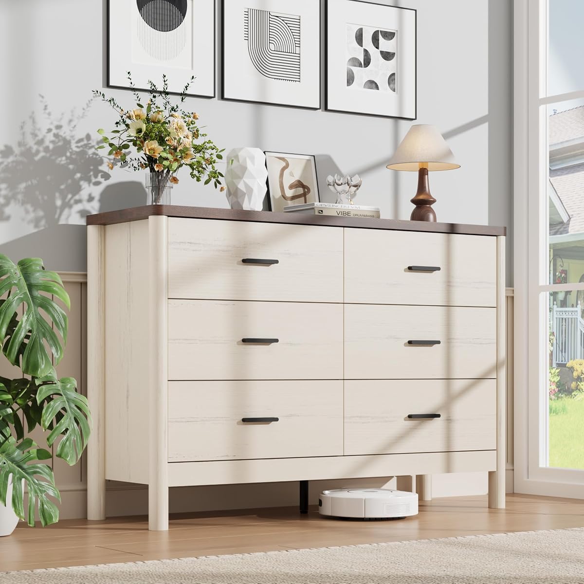 6 Drawer Dresser, Wooden Storage Chest of Drawers, White & Brown