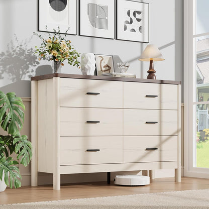 6 Drawer Dresser, Wooden Storage Chest of Drawers, White & Brown