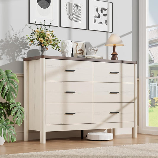 6 Drawer Dresser, Wooden Storage Chest of Drawers, White & Brown