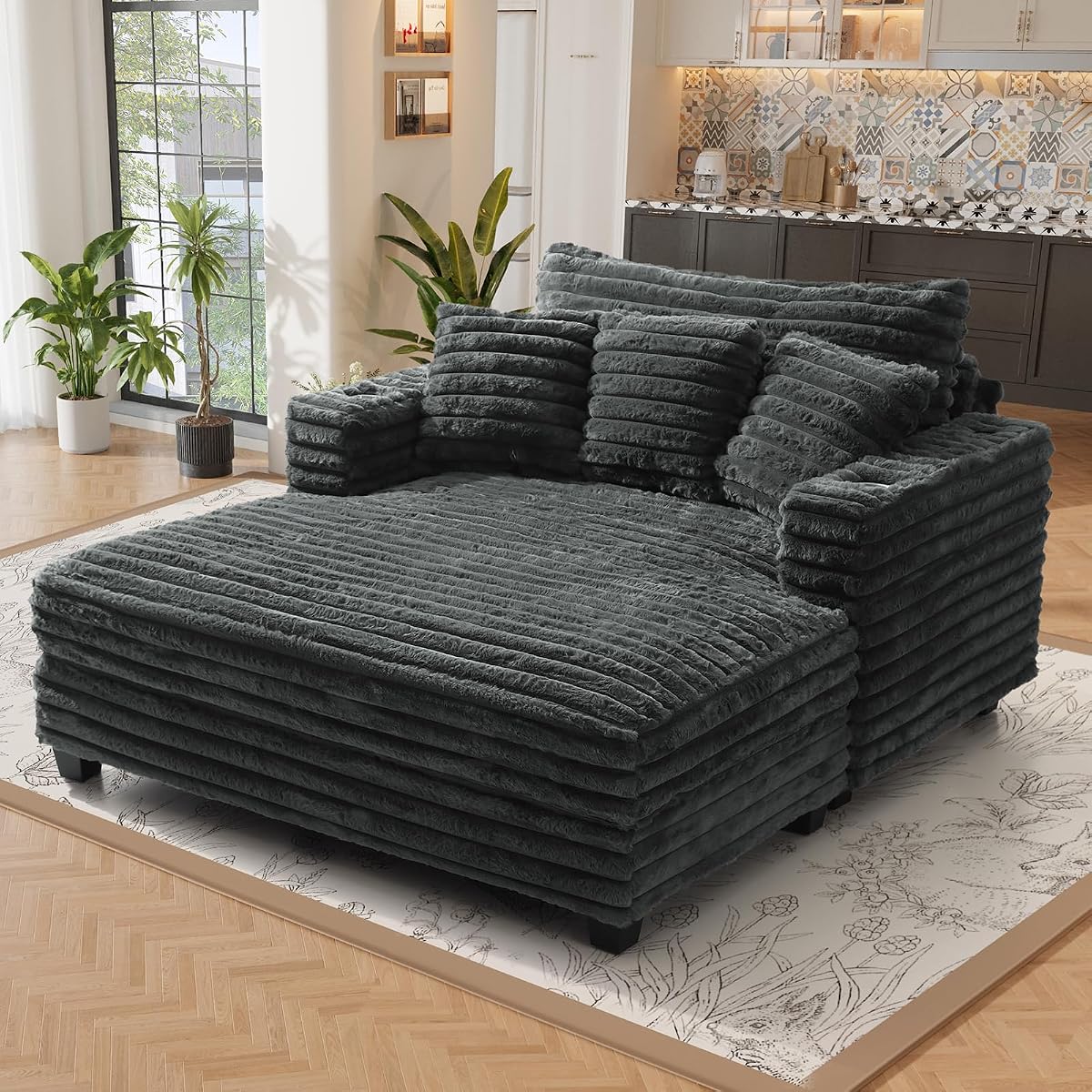 60" Oversized Chaise Lounge Indoor with Wood Frame, Dark Grey