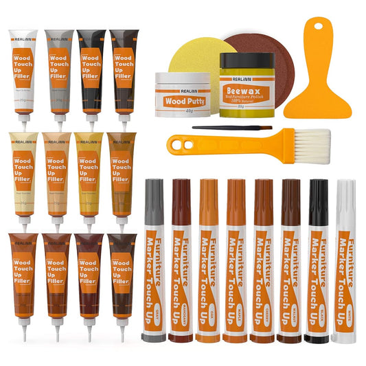 Wood Furniture Repair Kit- Set of 28 - Touch Up Markers, Fillers with Wood Putty - Repair Scratch, Cracks, Hole, Discoloration for Wooden Door, Floor, Table, Cabinet