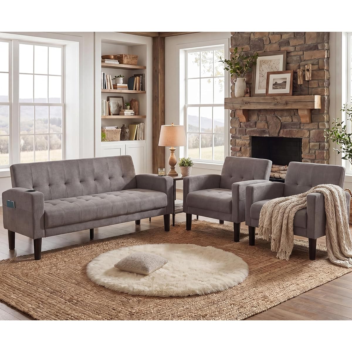 Sofa Couch, Living Room Furniture Sectional Sofa Sets 3 Pcs, Tufted Mid-Century Loveseat w/USB, Cupholders & Comfy Single Sofa for Small Space, Apartment, Office (Light Grey)