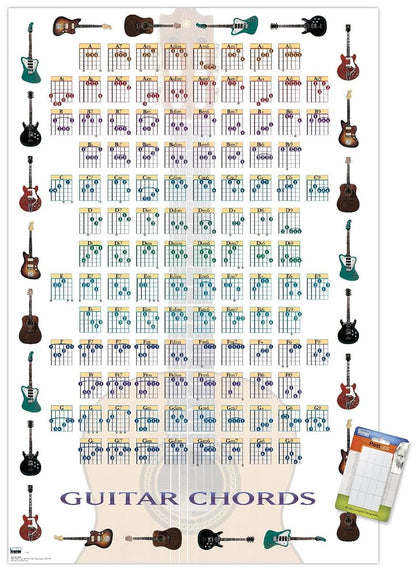 Guitar Chords II - Learn to Play Guitar Wall Poster, 22.375" x 34", Premium Poster & Mount Bundle