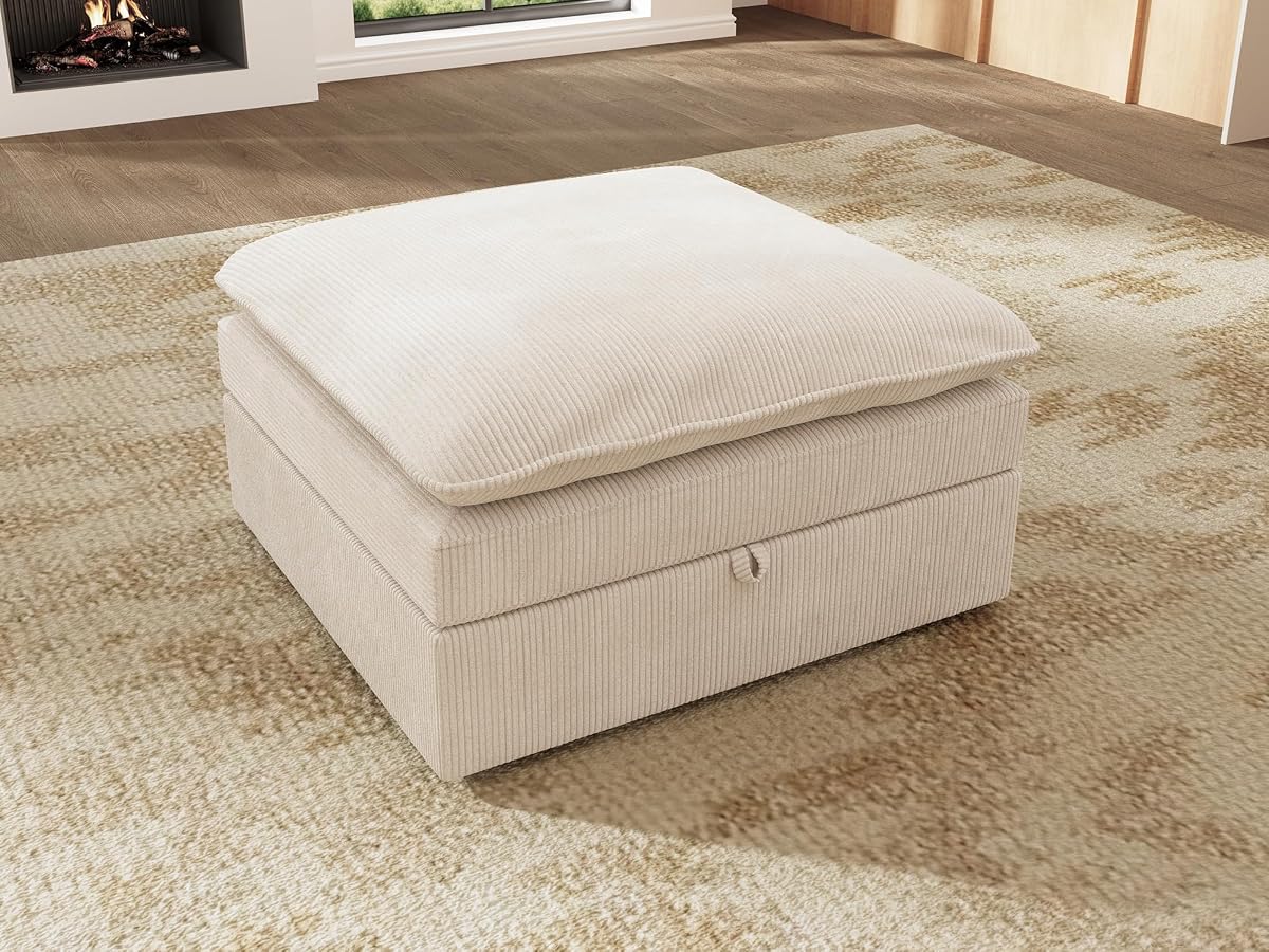 Corduroy Ottoman, 31.5 Inch Square Ottoman Bench with Storage for Living Room, Beige