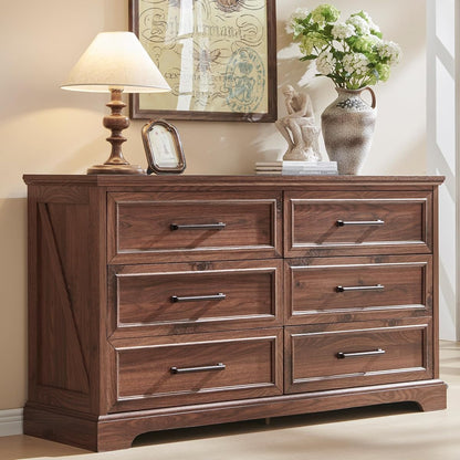 52" Wide Farmhouse 6 Drawer Dresser for Bedroom, Brown