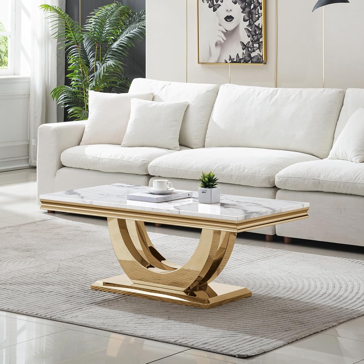 Luxury Faux Marble Coffee Table, 47" White Sofa Coffee Table with 0.71" Thick Marble Tabletop and Gold Mirrored Stainless Steel Base, Modern Cocktail Table Center Table for Living Room Office