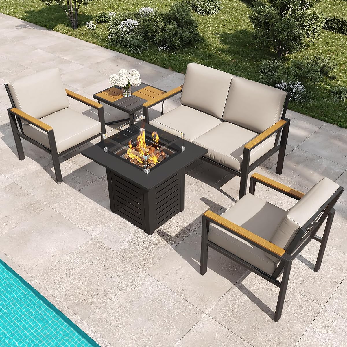 5-Piece Patio Furniture Set with 28” Propane Fire Pit Table, Heavy-Duty Metal Outdoor Conversation Set with Deep Cushions & Wood-Like Armrests for Patio, Porch, Backyard, Garden – Brown