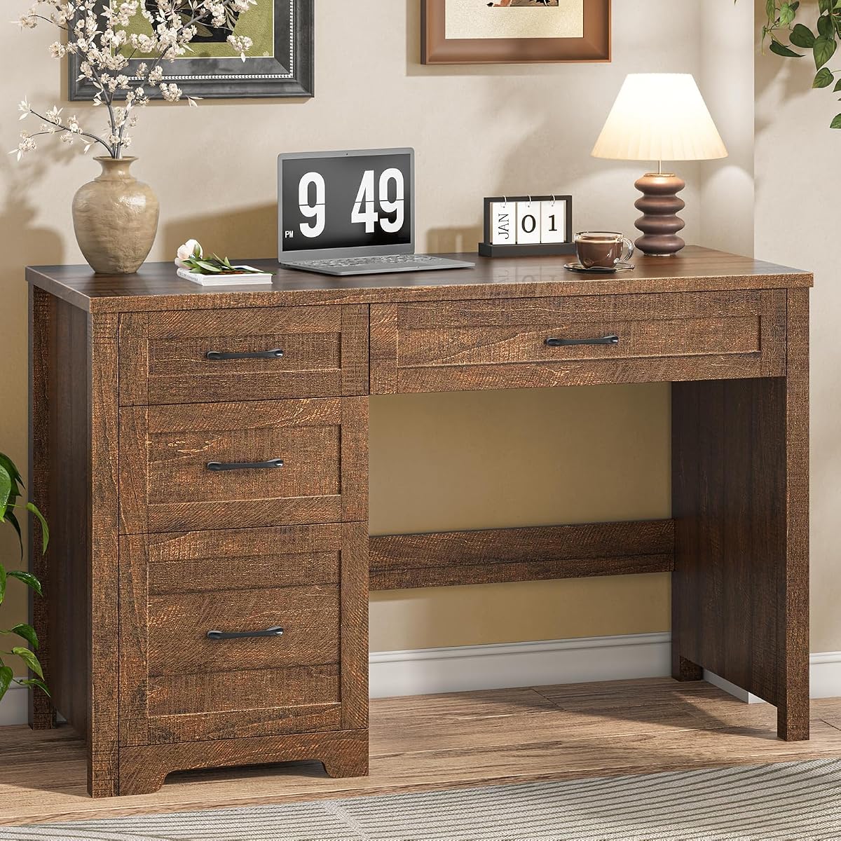 Executive Desk with 3 Storage Drawers, Red Brown