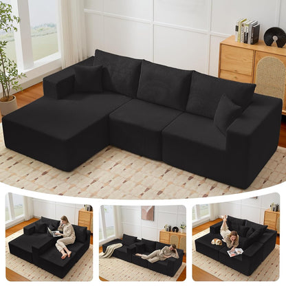 Modular Sectional Sofa for Living Room, 108" Cloud Couch Sectional with L-Shape Chaise, Modern Upholstered Corduroy Boneless Couch with Memory Foam Deep Seat, No Assembly Required (Black)
