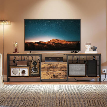 TV Stand with Power Outlet Up to 75 Inch, Entertainment Center with 2 Fabric Drawers, TV Console Table with Open Storage Shelves for TVs, Cable Management, for Living Room, Bedroom, DS18UBRY1