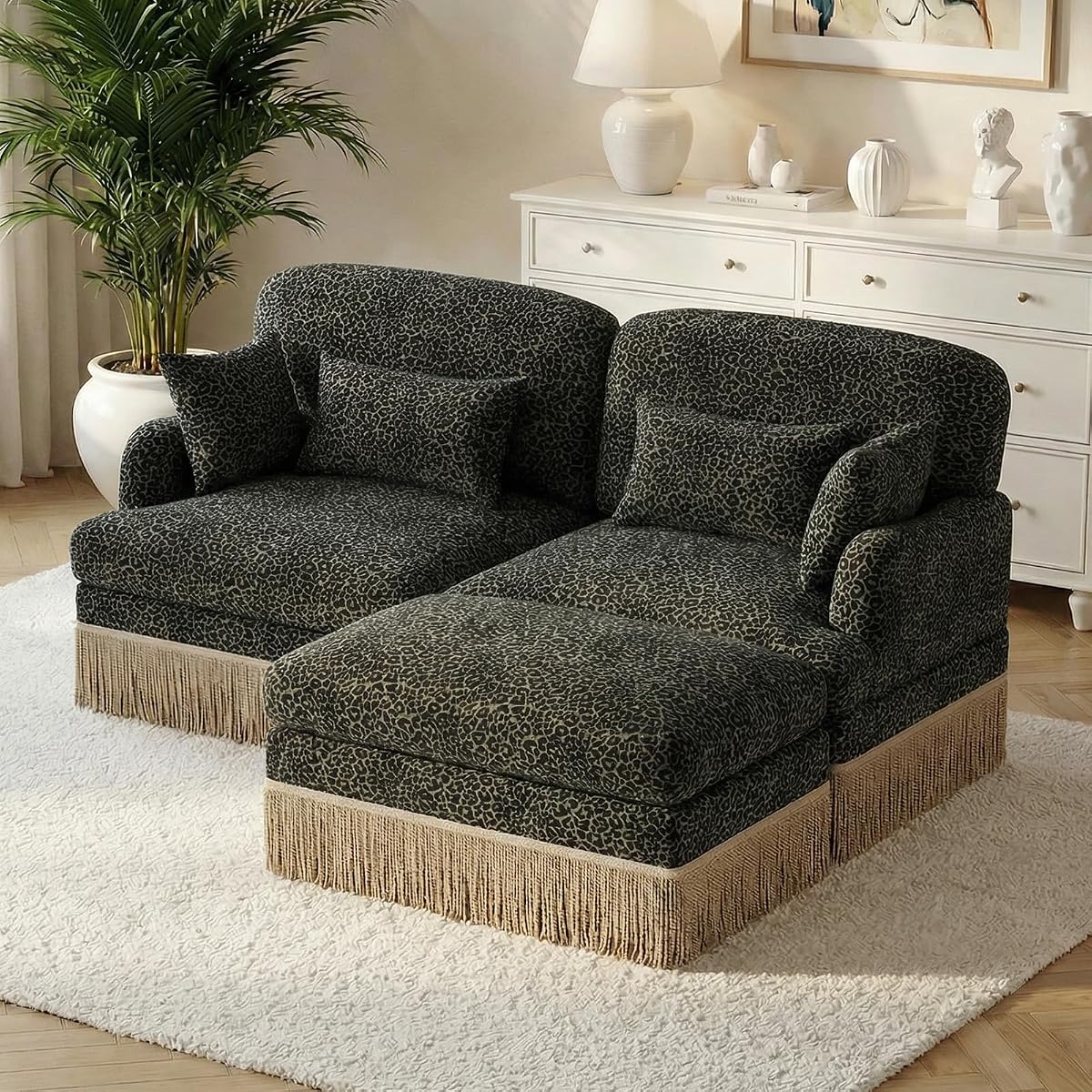 Modular Sectional Leopard Print Couch w/Ottoman,Modern 2-Seat L-Shaped Cloud Couch,Pillows,Tassel Fringe Skirt,High-Resilience Foam Sofa,Easy Assembly for Living Room,Apartment(Gre-Blk 69.2")