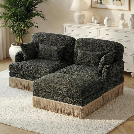 Modular Sectional Leopard Print Couch w/Ottoman,Modern 2-Seat L-Shaped Cloud Couch,Pillows,Tassel Fringe Skirt,High-Resilience Foam Sofa,Easy Assembly for Living Room,Apartment(Gre-Blk 69.2")