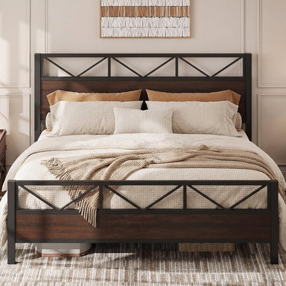 King Bed Frame, Dark Brown Industrial Headboard
