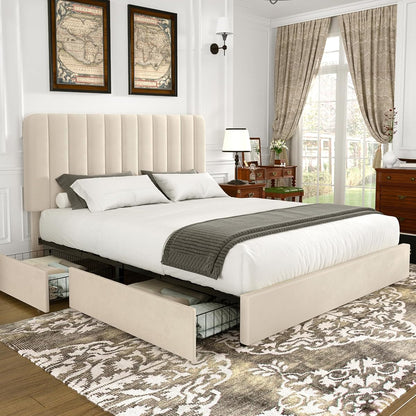 Velvet Platform Storage Bed with Wooden Slats, Beige