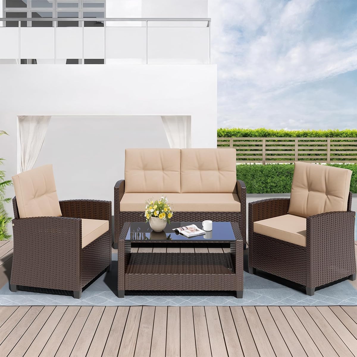 4 Piece Patio Furniture Set, Outdoor Rattan Conversation Set with Coffee Table, Outside Wicker Sectional Sofa Couch with Cushion, Brown and Khaki