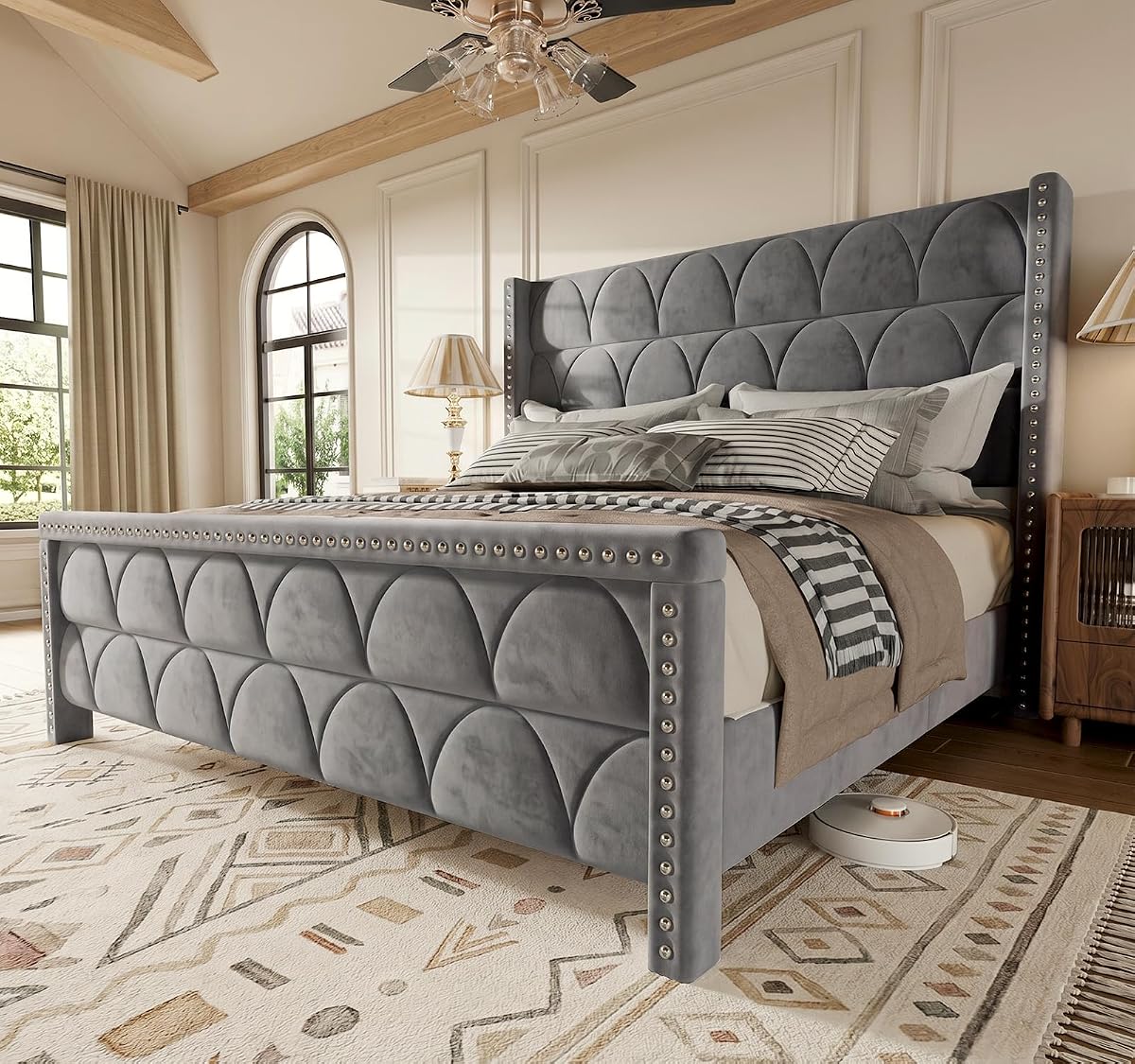 Velvet Wingback Bed Frame with Headboard, Noise-Free and Sturdy Wood Slat, Deep Gray