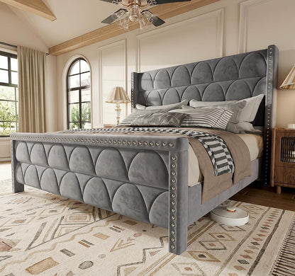 Velvet Wingback Bed Frame with Headboard, Noise-Free and Sturdy Wood Slat, Deep Gray