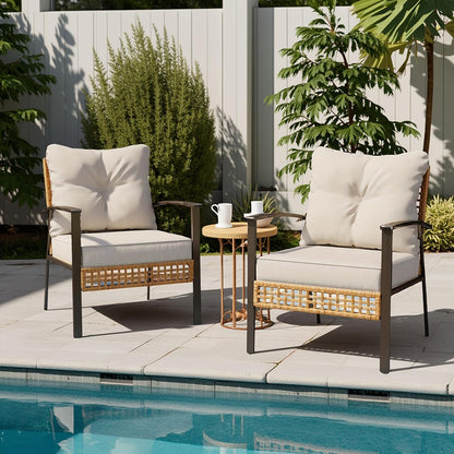 Outdoor Rattan Bistro Set, Patio Furniture Wicker Chairs Set of 2 with Deep Seating and Thick Cushions, Oversize Conversation Set for Garden, Balcony and Backyard (Beige)