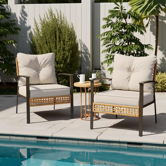 Outdoor Rattan Bistro Set, Patio Furniture Wicker Chairs Set of 2 with Deep Seating and Thick Cushions, Oversize Conversation Set for Garden, Balcony and Backyard (Beige)