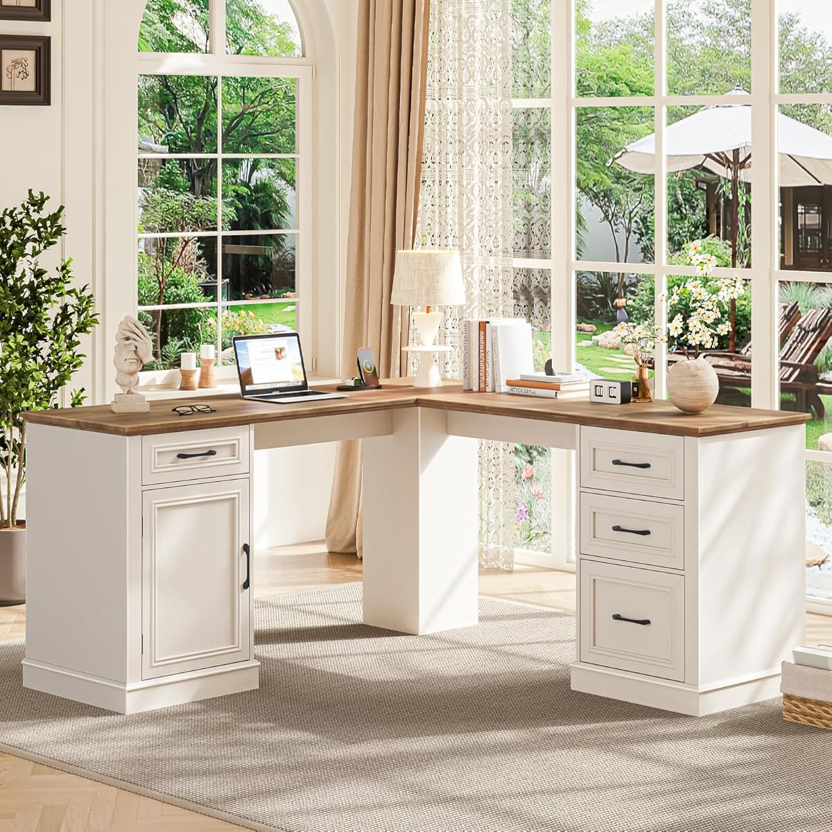 Farmhouse 59" L-Shaped Executive Desk with Drawers, Wood Home Office Corner Desk with Charging Station, File Drawer, Storage Cabinet, Rustic Computer Writing Desk for Home Office (Unique White)