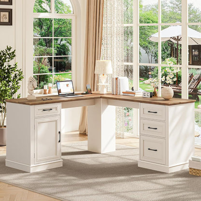 Farmhouse 59" L-Shaped Executive Desk with Drawers, Wood Home Office Corner Desk with Charging Station, File Drawer, Storage Cabinet, Rustic Computer Writing Desk for Home Office (Unique White)