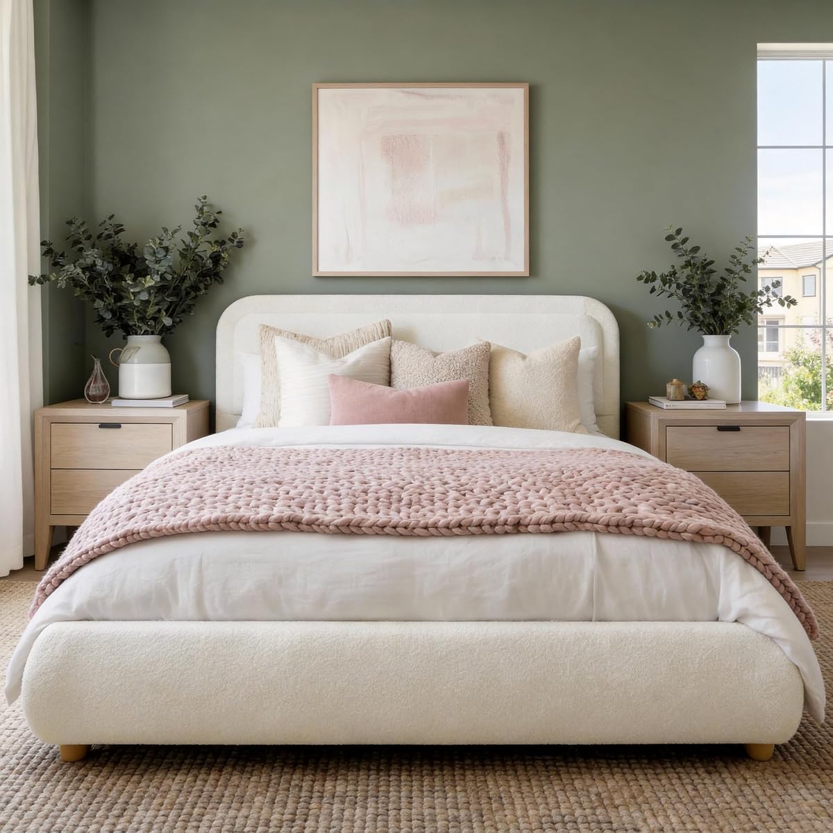 Cloud Queen Size Bed Frame with Headboard, Solid Wood Legs, Beige