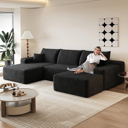 107" Comfy U-Shaped Sectional Modern Boneless Corduroy Couch with Chaise ‌and Ottoman‌ - No Assembly Required! Deep-Seat, Upholstered Modular Cloud Sofa for Living Room, Plush Corduroy Fabric(Black)