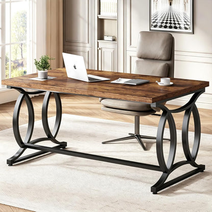 Rustic Home Office Desk, 55 Inch Metal Wood Computer Desk, Simple Industrial Study Executive Desk for Work Writing, Modern Student Gaming Computer PC Table Bedroom, Rustic Brown