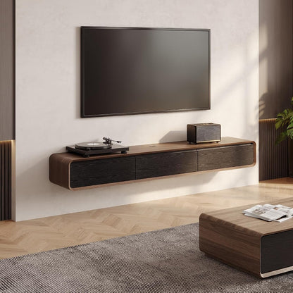 78" Fully Assembled Wood Floating TV Stand, Walnut and Black