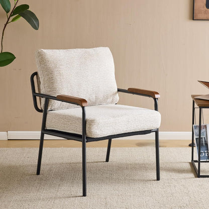 Mid-Century Modern Accent Armchiar for Small Space, Small Comfy Upholstered Leisure Reading Chair with Wood Armrest for Bedroom, Living Room, Waiting Room, Linen Beige
