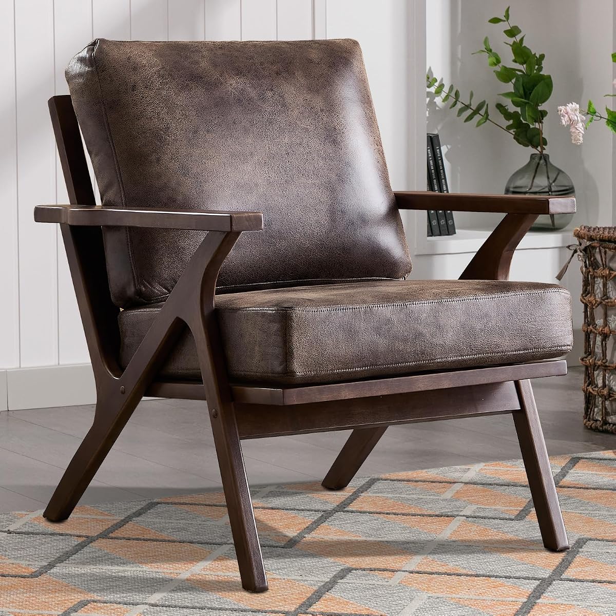 Mid-Century Modern Accent Chair with Wood Frame, PU Leather Living Room Chair and Soft Thick Padded Armchair for Living Room Bedroom Reception with Removable Upholstered Cushions, Dark Grey