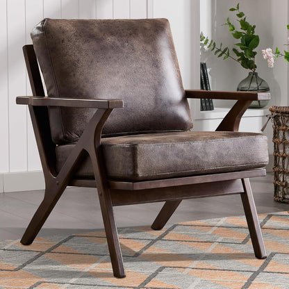 Mid-Century Modern Accent Chair with Wood Frame, PU Leather Living Room Chair and Soft Thick Padded Armchair for Living Room Bedroom Reception with Removable Upholstered Cushions, Dark Grey