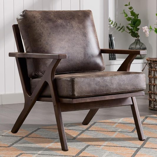 Mid-Century Modern Accent Chair with Wood Frame, PU Leather Living Room Chair and Soft Thick Padded Armchair for Living Room Bedroom Reception with Removable Upholstered Cushions, Dark Grey