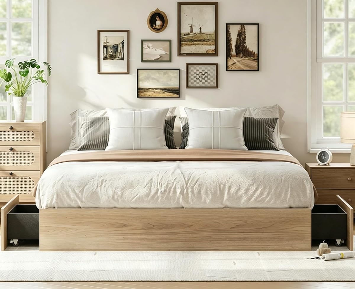 King Bed Frame with 2 Storage Drawers,Wooden Floor Bed Frame