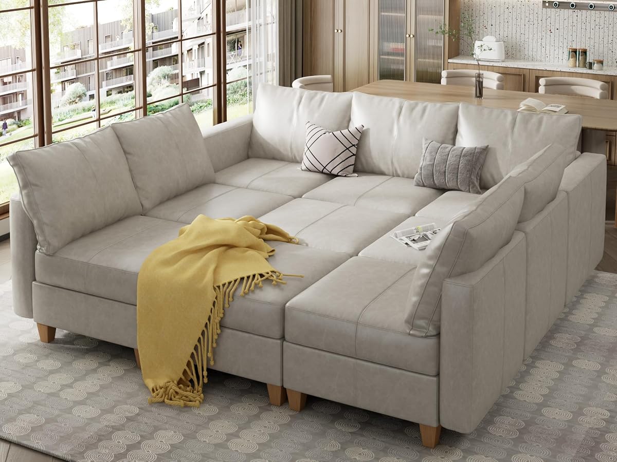 Modular Sleeper Sofa Sectional Couch with Storage, Faux Leather Modular Sofa Bed Sectional Sofa for Living Room Beach White