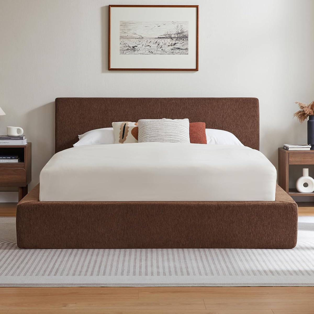 Queen Cloud Bed Frame with Headboard, No Box Spring Needed, Brown-Style A