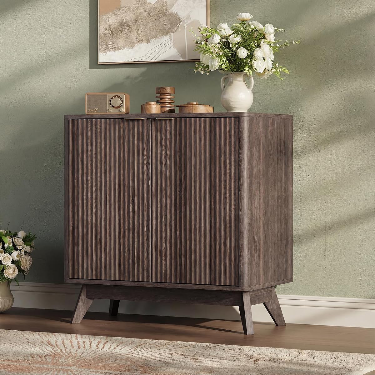 29'' Sideboard Buffet Cabinet with Storage, Fluted Cabinet with Rounded Corners