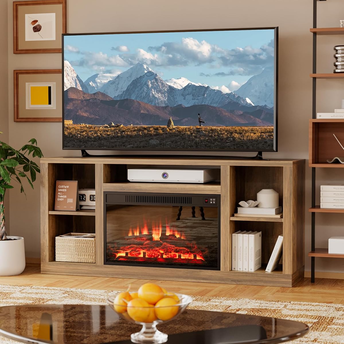 58 Inch Fireplace TV Stand for TVs up to 65+ Inch, Yellow Barnwood