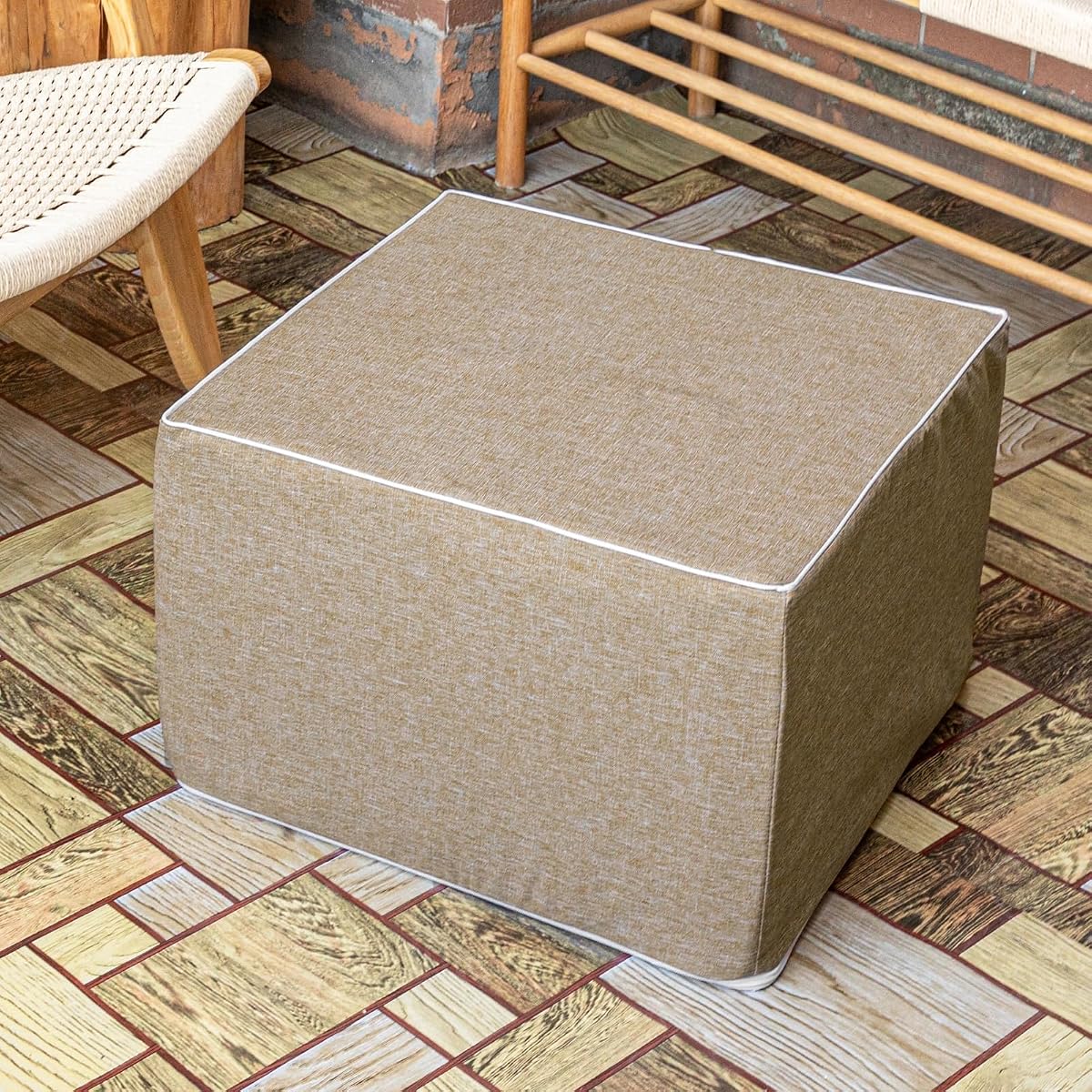 Outdoor Ottoman 20x20x14 Inches Outdoor Square Ottomans for Patio Modern Lightweight Foam Stuffed Pouf Outdoor Footstool Footrest (Coffee)